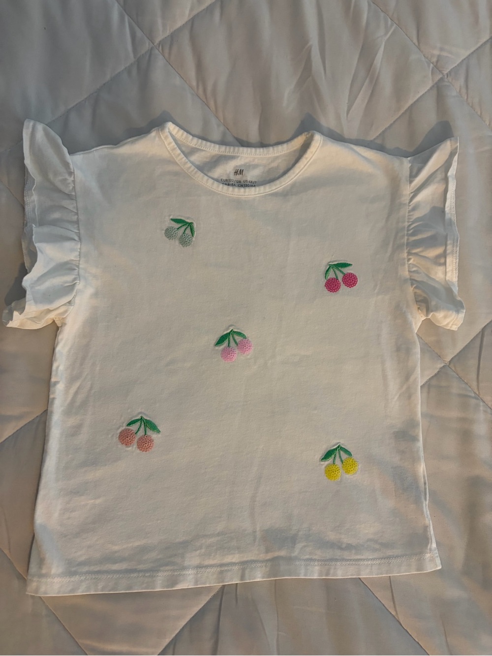 H&M White Tee with Multicolor Cherry Embroidery and Ruffle Sleeves